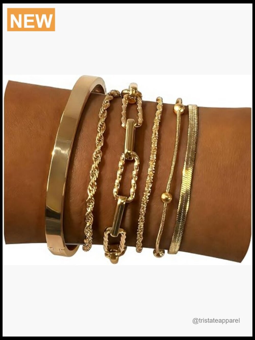 6PC Real Gold-Plated Bracelet Set Stacking Cuban Chain Link Bracelets
